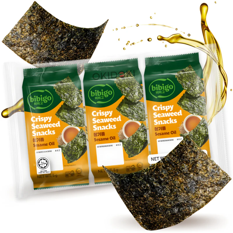 CJ BIBIGO Snack Algas con Aceite de Sésamo (Halal, Sin Gluten) 5g x 3uds