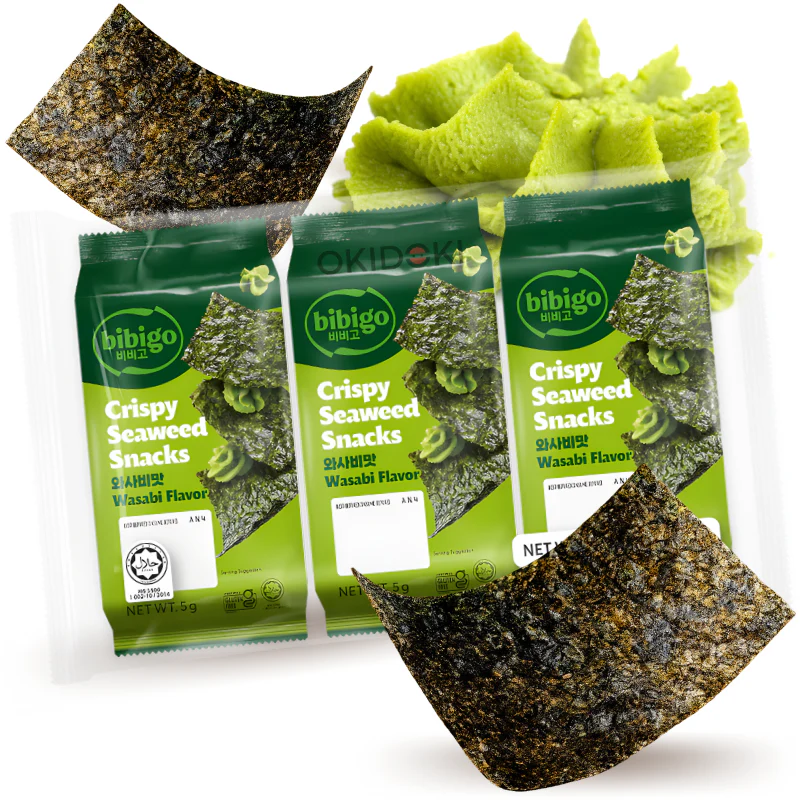 CJ BIBIGO Snack Algas Sabor Wasabi (Halal, Sin Gluten) 5g x 3uds