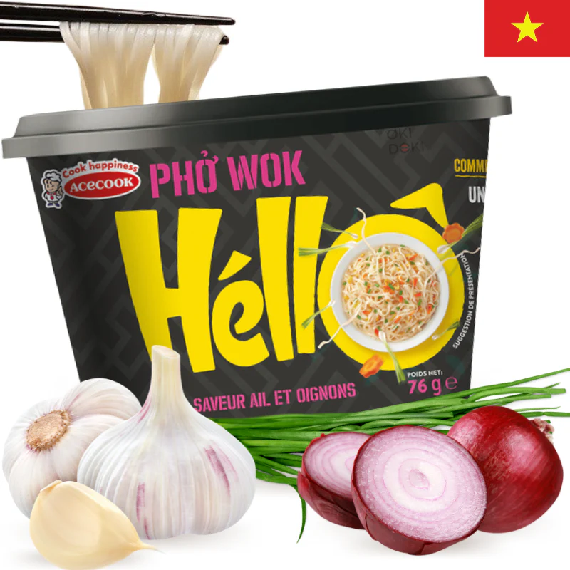 ACECOOK Hello Bowl Fideos Pho Wok Sabor Ajo y Cebolla (Sin Gluten, Vegano) 76g